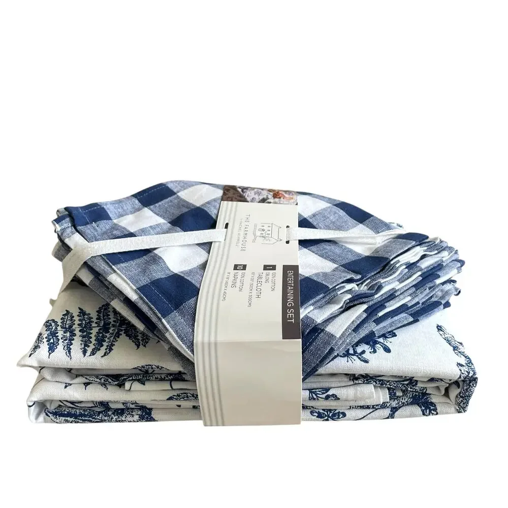 11pc Farmhouse Easter Bunny Tablecloth 60x120 Gingham Napkin Set Blue White NEW